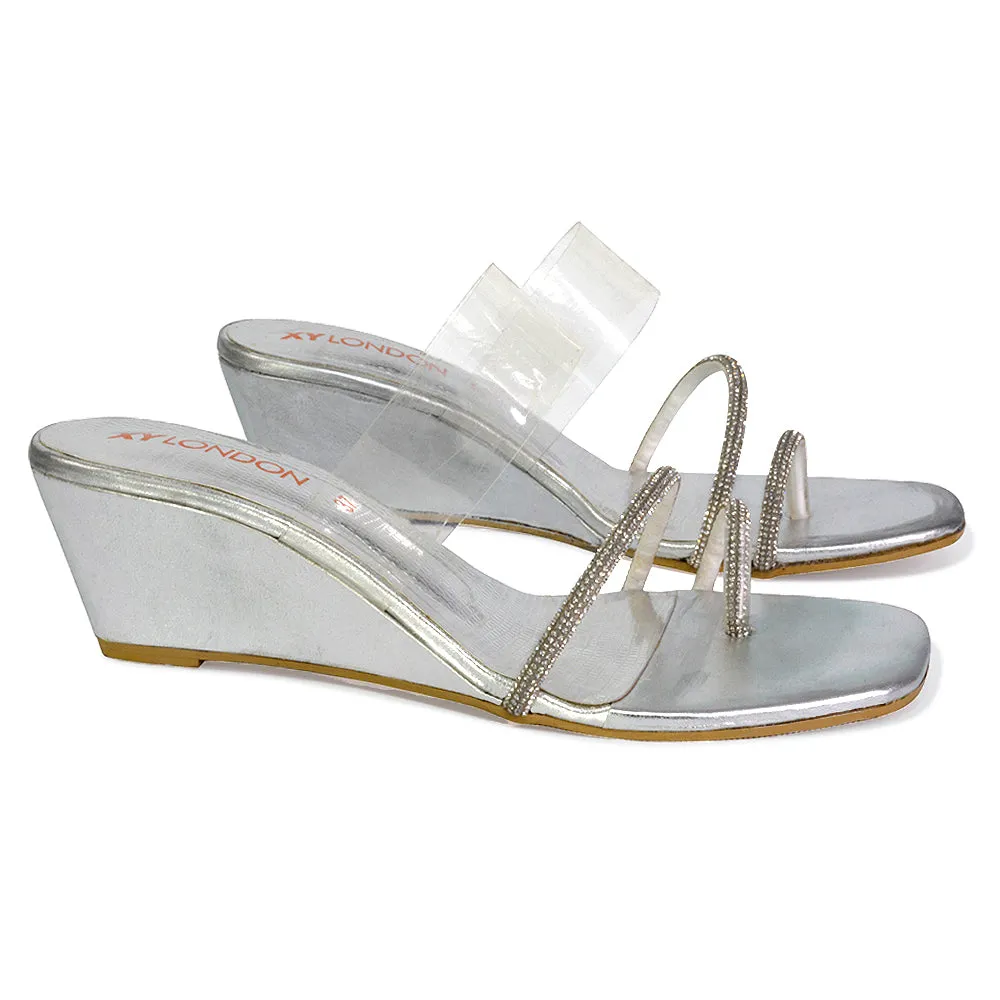 Hayes Perspex Strappy Toe Post Diamante Wedge Heel Sandals in Silver