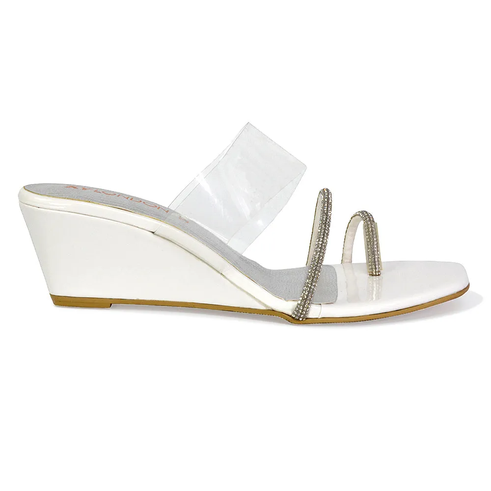 Hayes Perspex Strappy Toe Post Diamante Wedge Heel Sandals in Silver