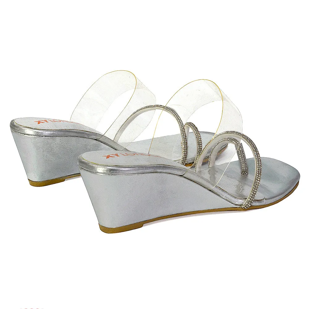 Hayes Perspex Strappy Toe Post Diamante Wedge Heel Sandals in Silver