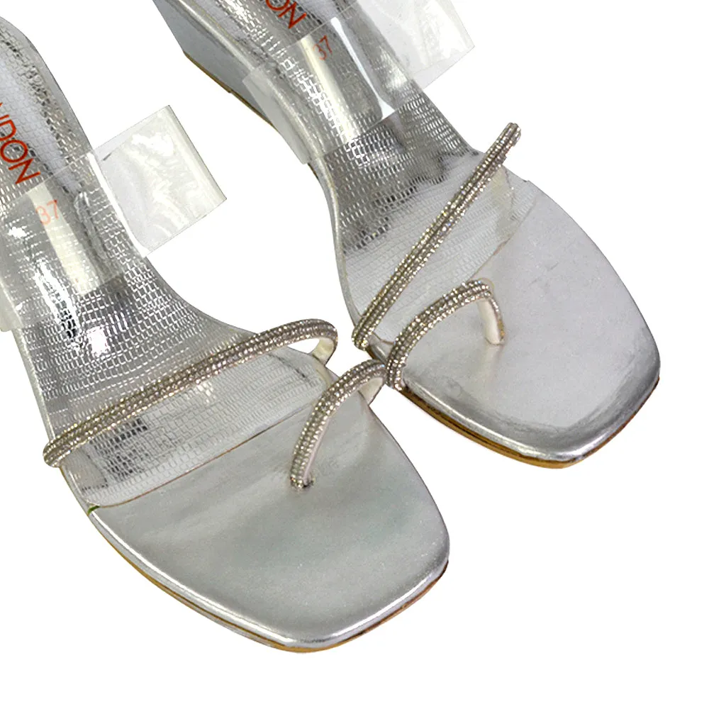 Hayes Perspex Strappy Toe Post Diamante Wedge Heel Sandals in Silver