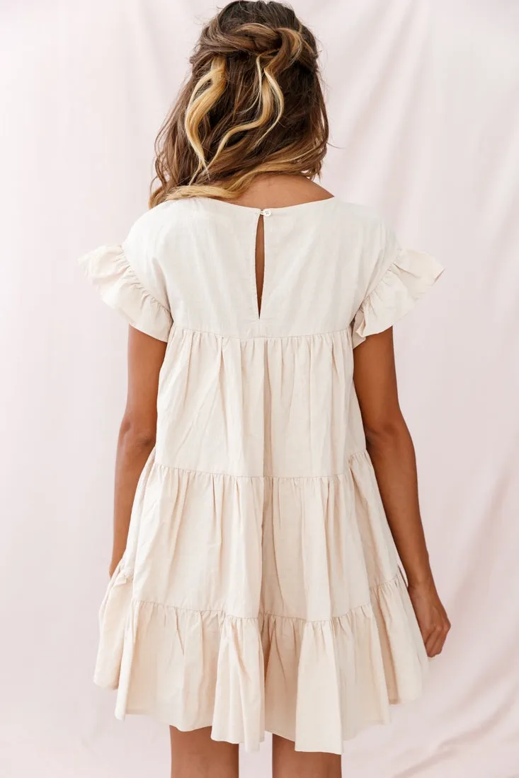 Hyacinth Ruffle Sleeve Smock Dress Beige