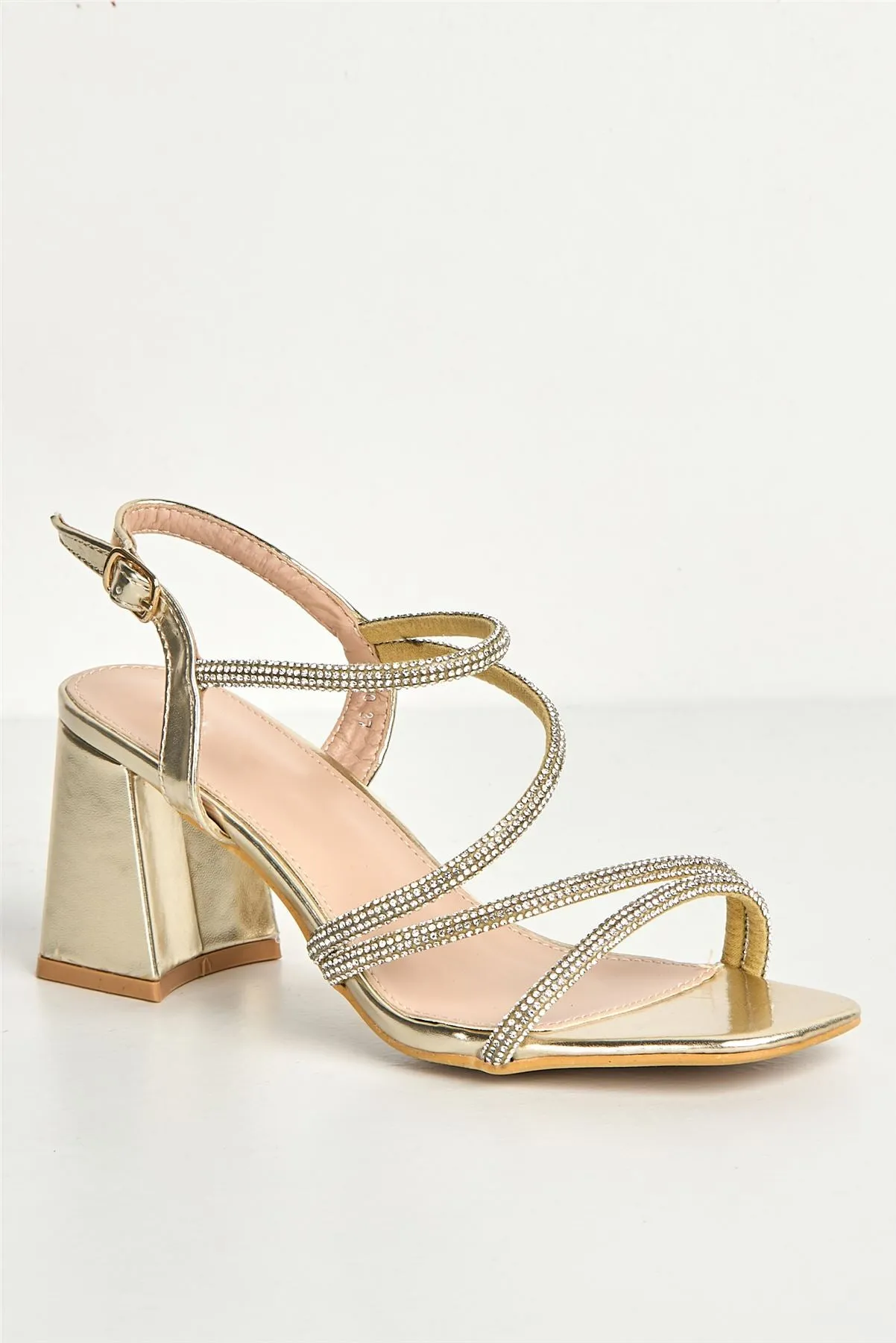 Kayli Diamante Strappy Block Heels in Gold