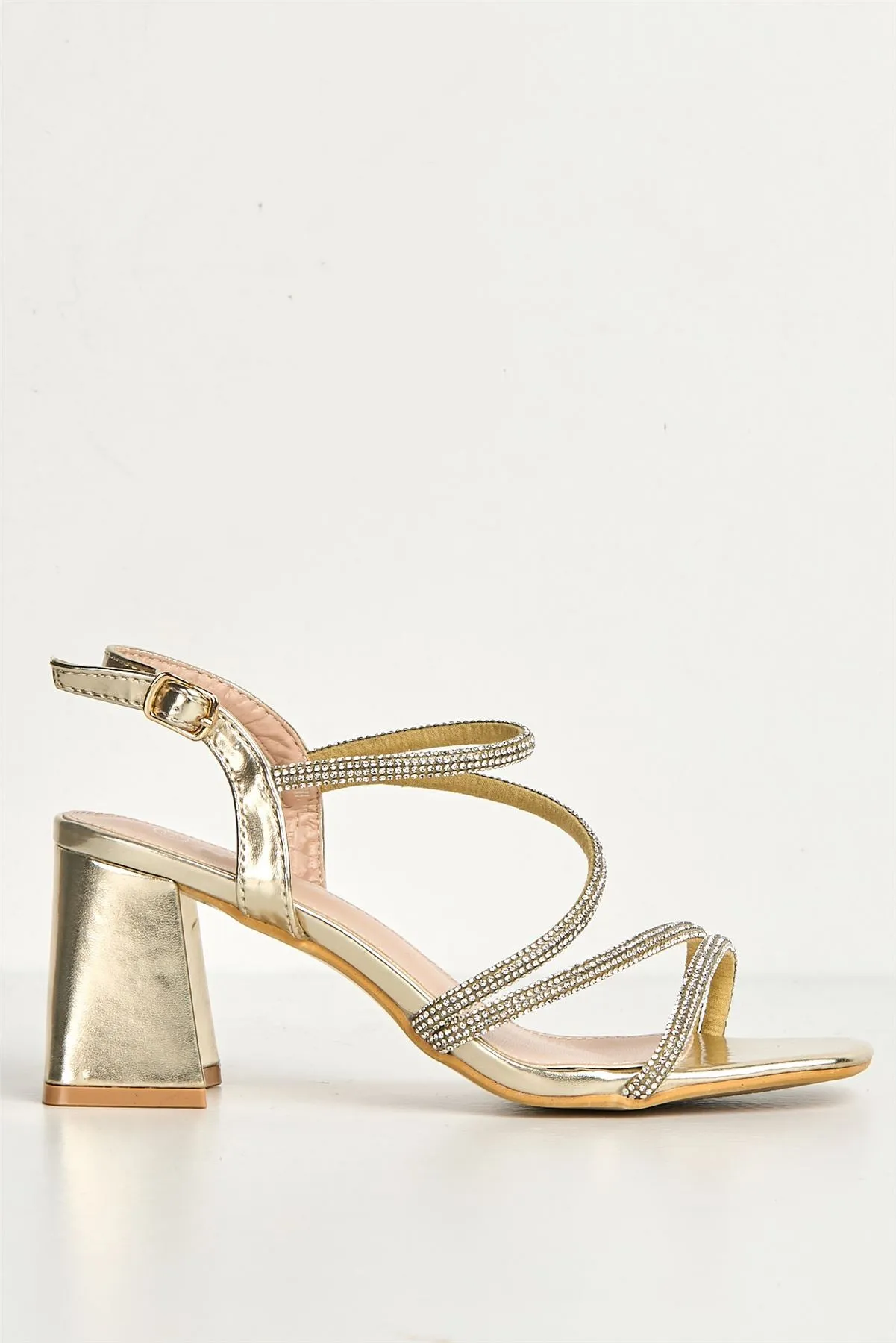 Kayli Diamante Strappy Block Heels in Gold