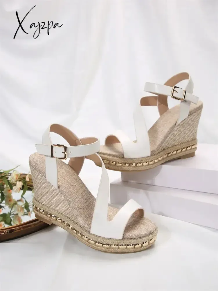 One word buckle lady slope heel platform sandal new style straw-woven high-heeled muffin Roman shoes European and n style