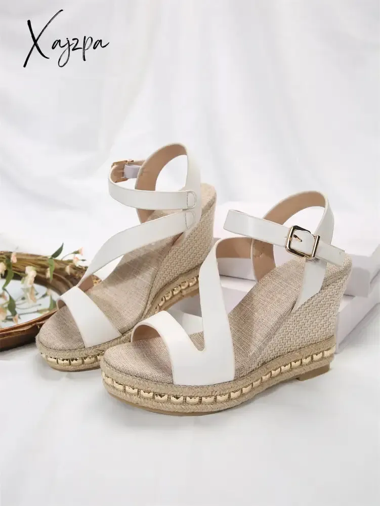 One word buckle lady slope heel platform sandal new style straw-woven high-heeled muffin Roman shoes European and n style