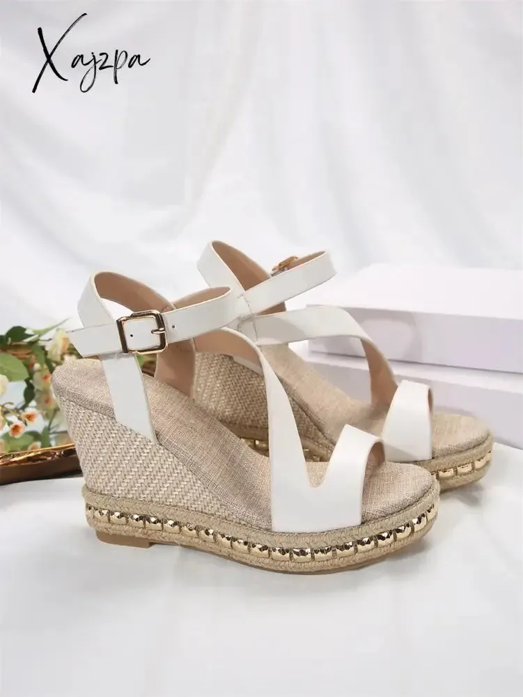 One word buckle lady slope heel platform sandal new style straw-woven high-heeled muffin Roman shoes European and n style