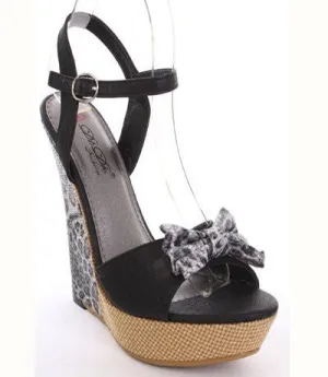 Paka-5 Black Faux Leather Leopard Print Bow Accent Wedges