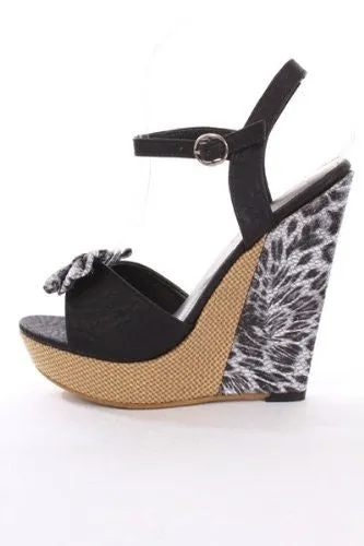 Paka-5 Black Faux Leather Leopard Print Bow Accent Wedges