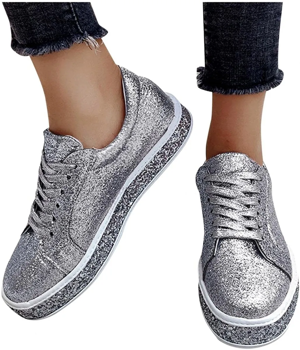 Platform Glitter Sequin Lace Up Bottom Slip On Trendy Leather Sneakers