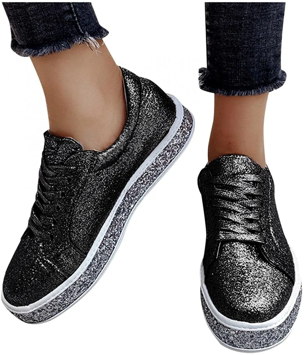 Platform Glitter Sequin Lace Up Bottom Slip On Trendy Leather Sneakers