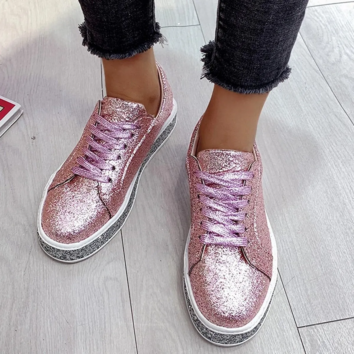 Platform Glitter Sequin Lace Up Bottom Slip On Trendy Leather Sneakers