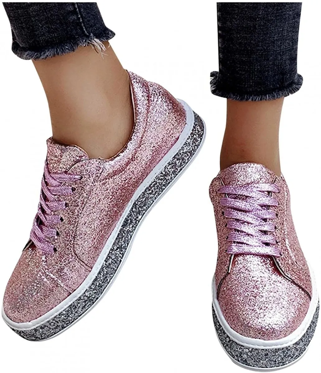 Platform Glitter Sequin Lace Up Bottom Slip On Trendy Leather Sneakers