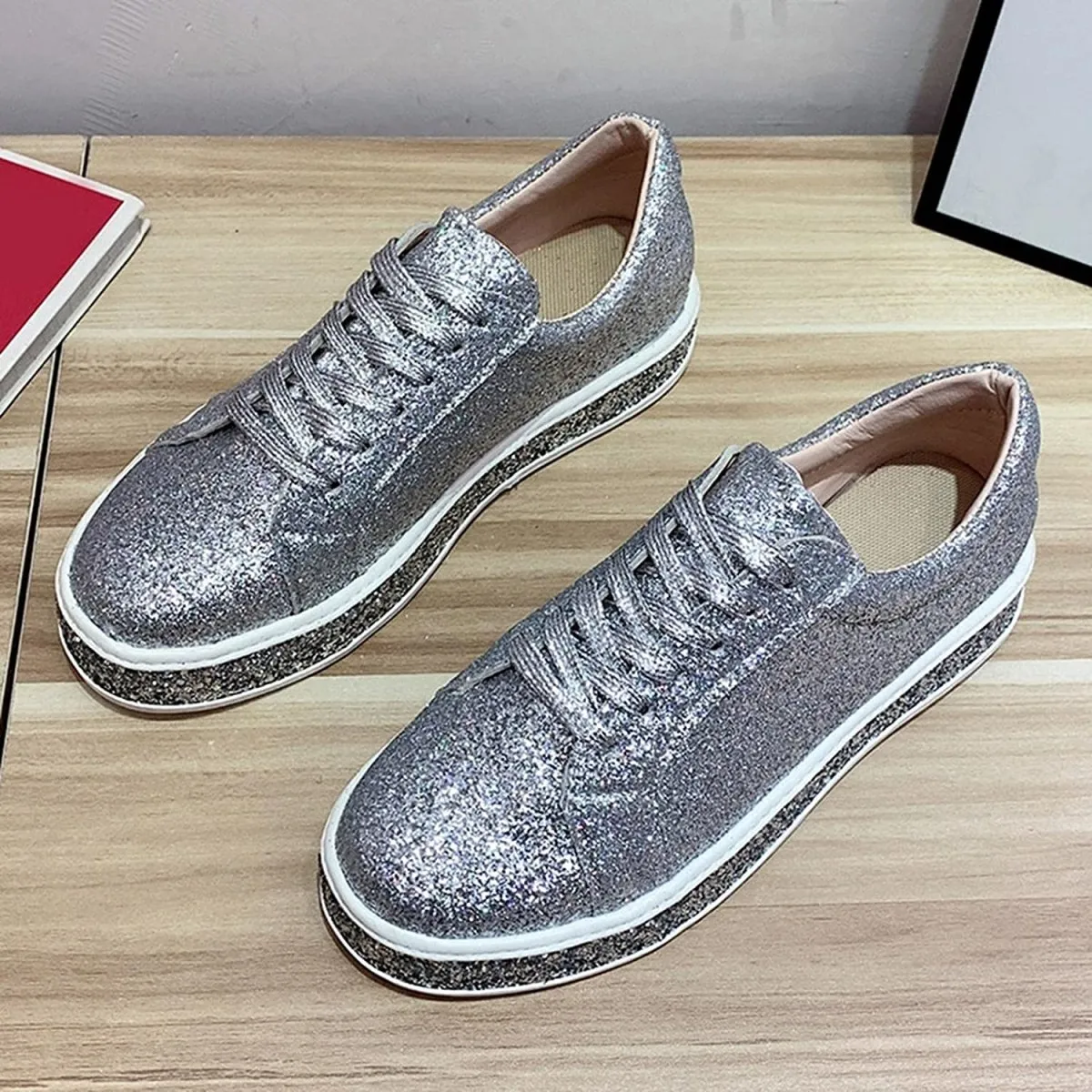 Platform Glitter Sequin Lace Up Bottom Slip On Trendy Leather Sneakers