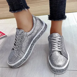 Platform Glitter Sequin Lace Up Bottom Slip On Trendy Leather Sneakers