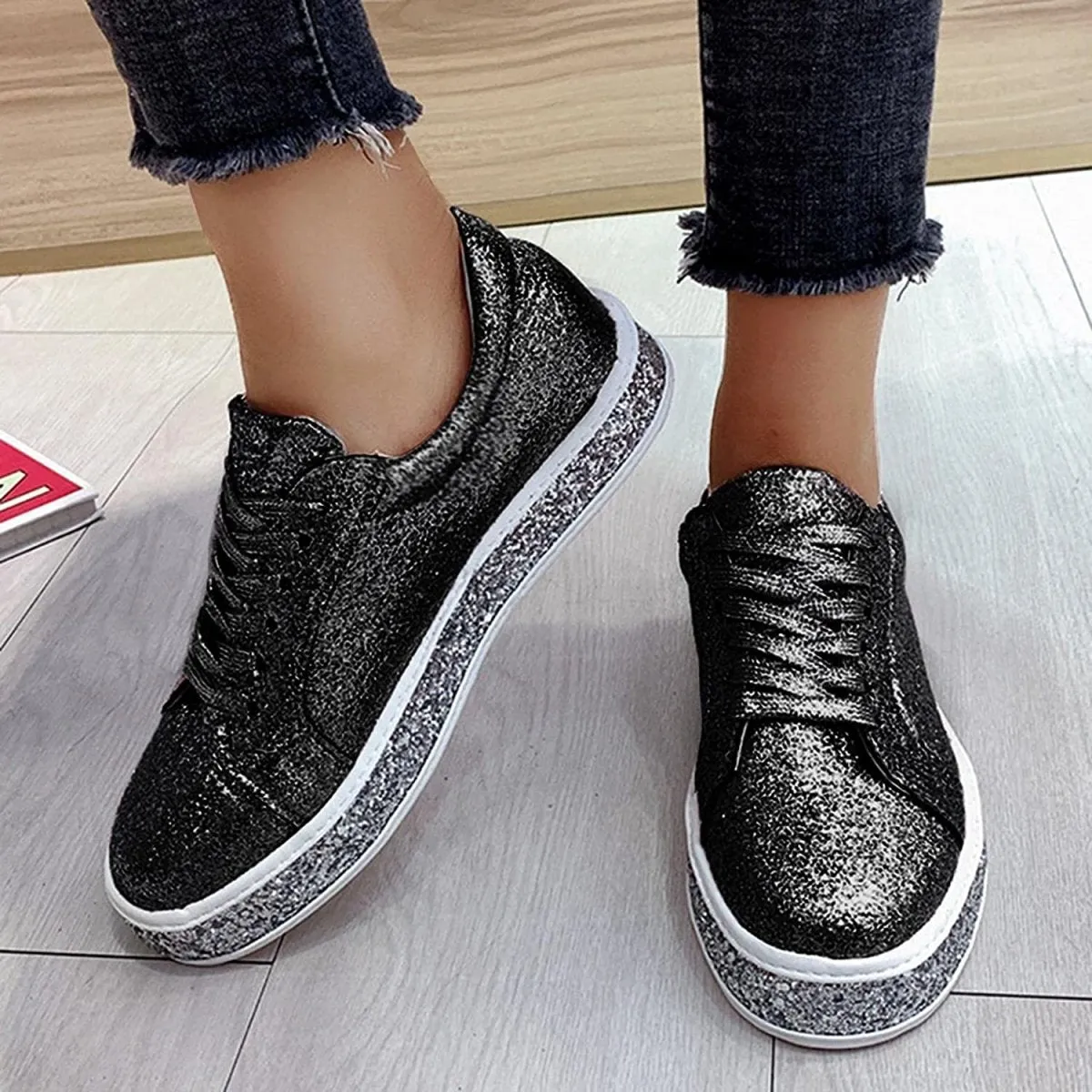 Platform Glitter Sequin Lace Up Bottom Slip On Trendy Leather Sneakers