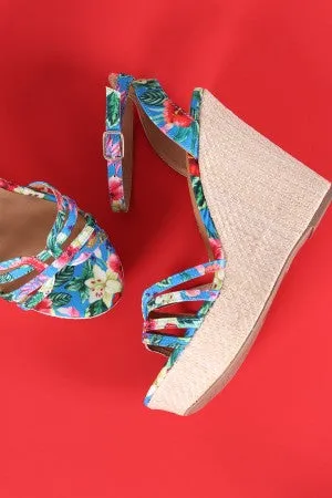 Qupid Floral Ankle Strap Straw Weave Wedge