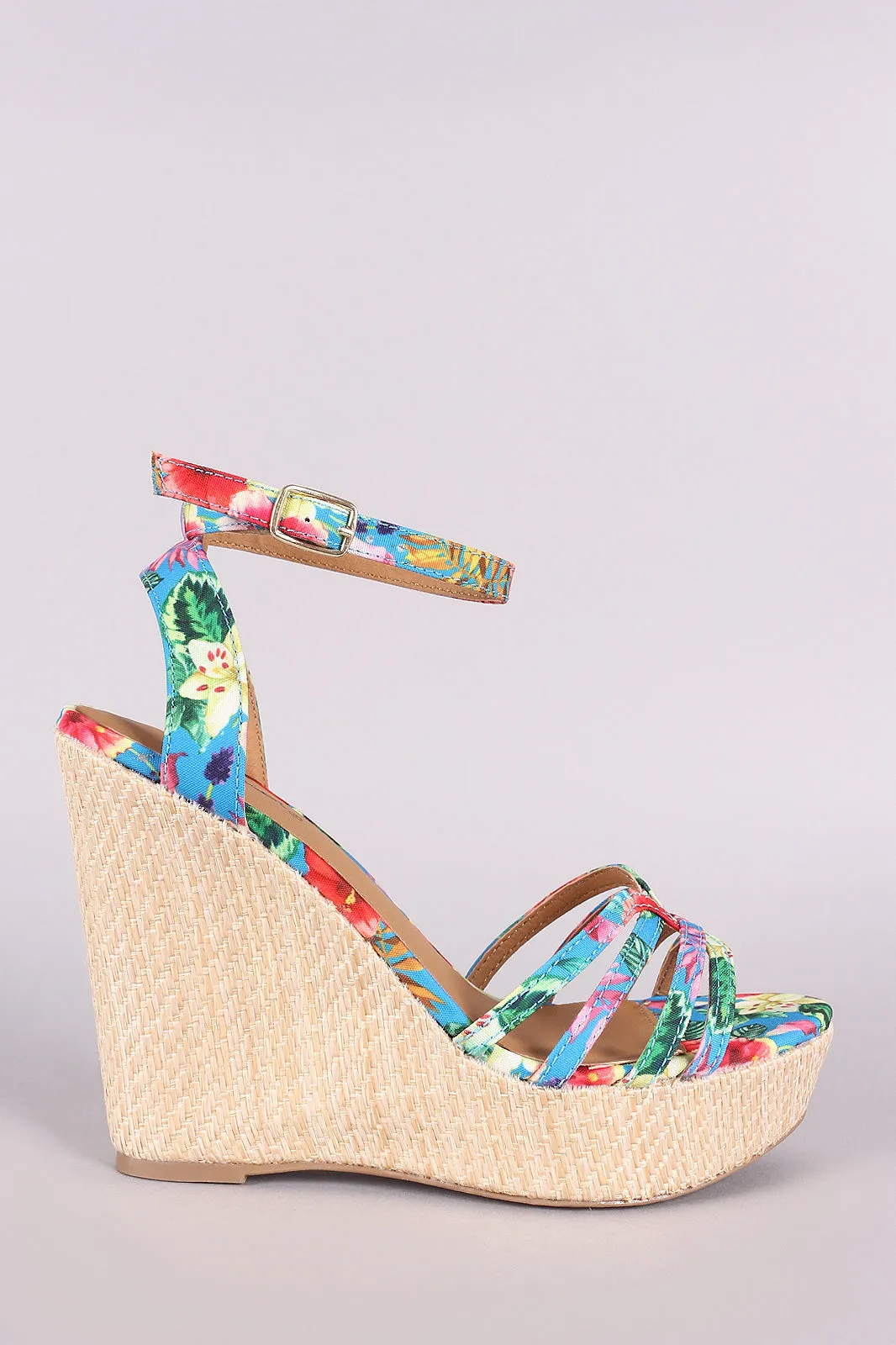 Qupid Floral Ankle Strap Straw Weave Wedge