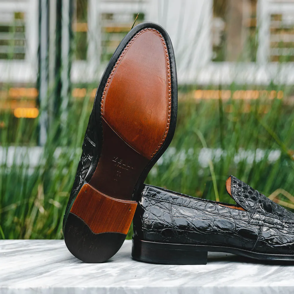 Roma Crocodile Penny Loafer in Black by Zelli Italia