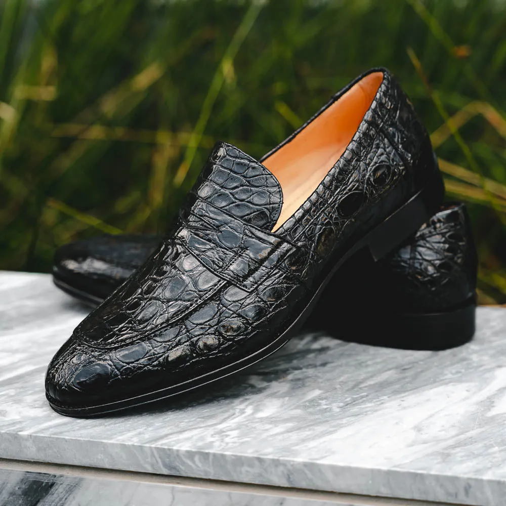 Roma Crocodile Penny Loafer in Black by Zelli Italia