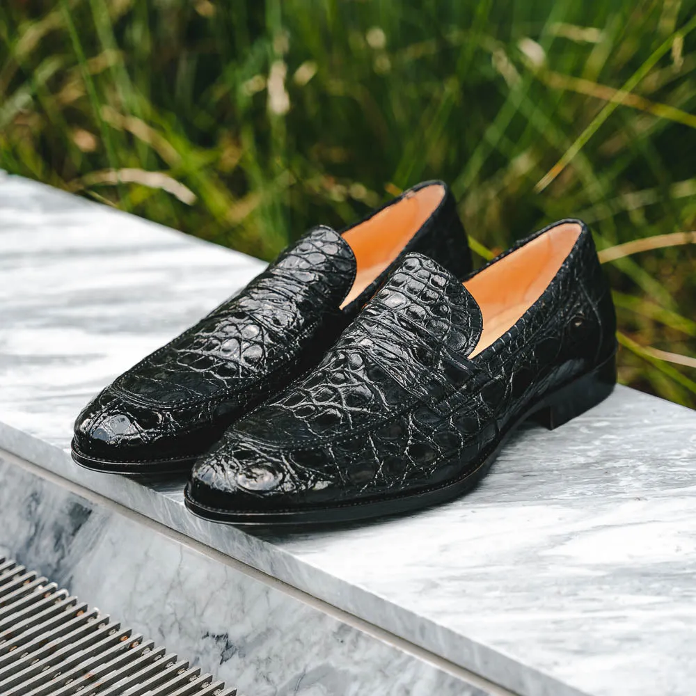 Roma Crocodile Penny Loafer in Black by Zelli Italia