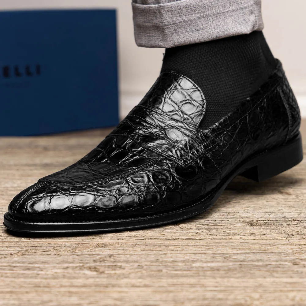 Roma Crocodile Penny Loafer in Black by Zelli Italia