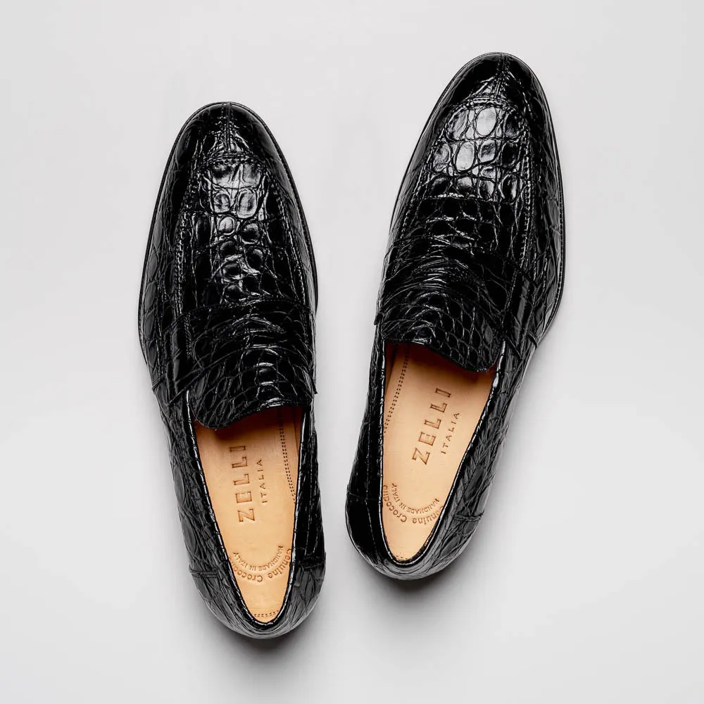 Roma Crocodile Penny Loafer in Black by Zelli Italia