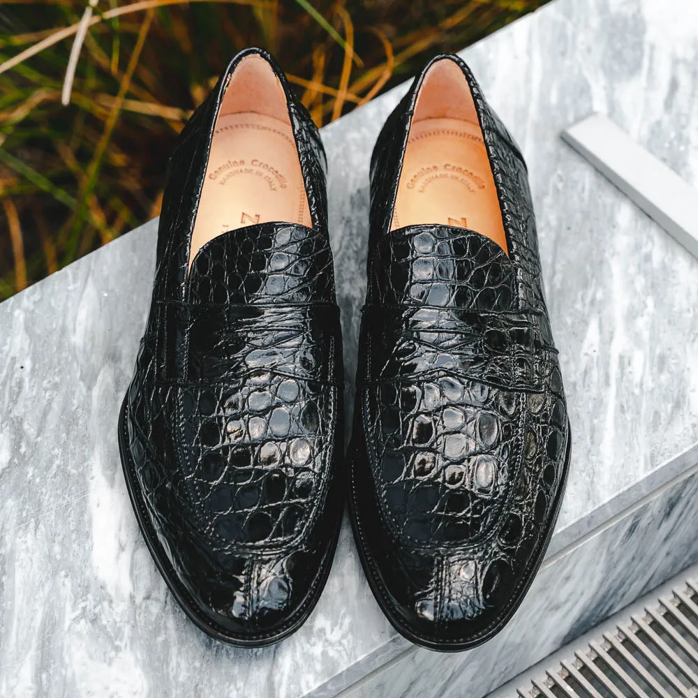 Roma Crocodile Penny Loafer in Black by Zelli Italia