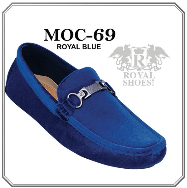 Royal Blue Suede Men's Loafer with Sliver Buckle Style MOC-69 Blue