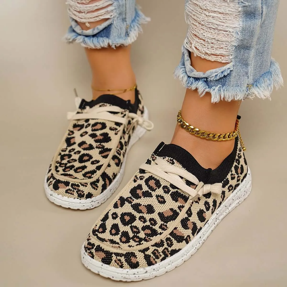 Sohiwoo  sneaker Leopard Mesh Knit Sneakers Slip-on Walking Shoes