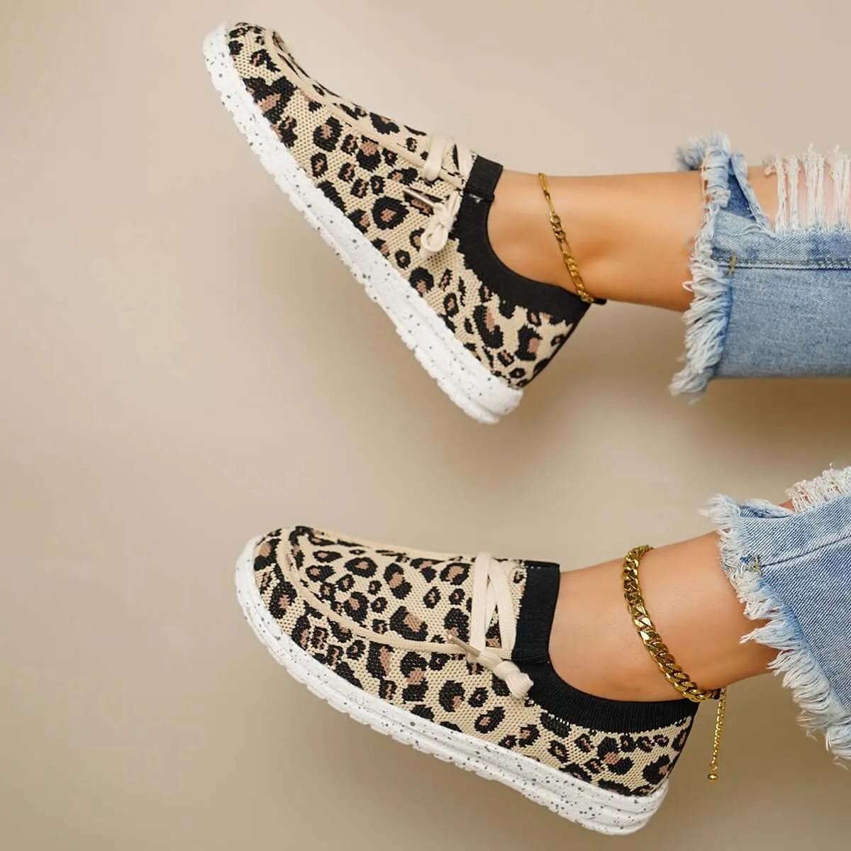 Sohiwoo  sneaker Leopard Mesh Knit Sneakers Slip-on Walking Shoes