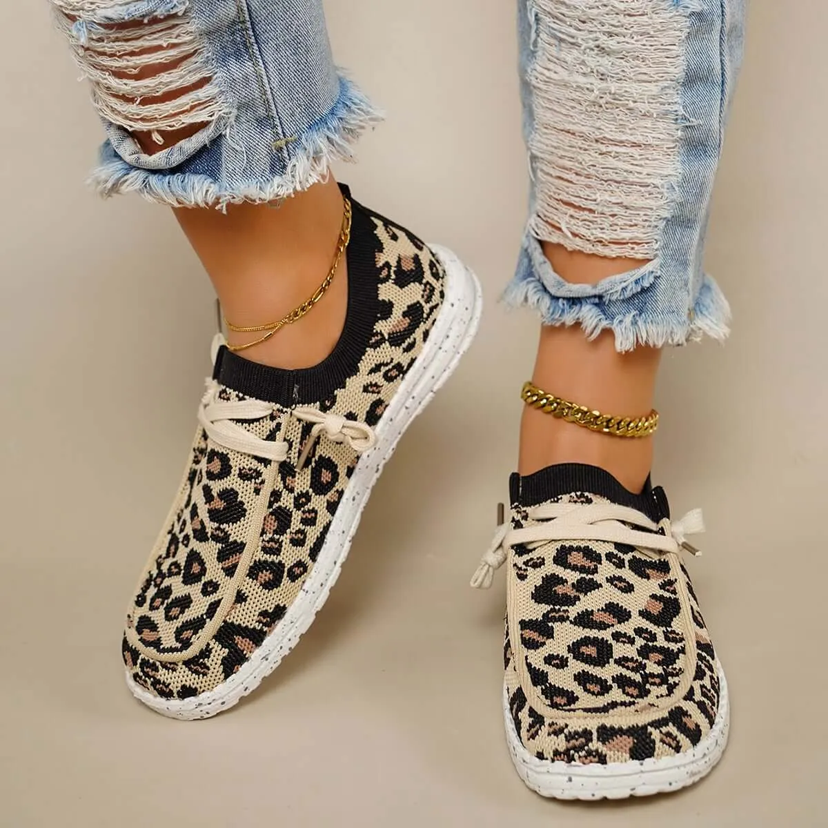 Sohiwoo  sneaker Leopard Mesh Knit Sneakers Slip-on Walking Shoes