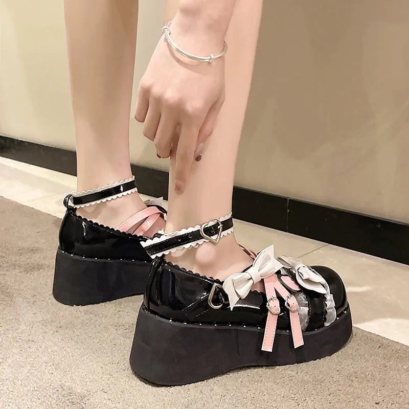 Sohiwoo Sweet Lovely Bow Lolita Shoes for Women Mix Color Ankle Strap Wedge Mary Janes Woman New Round Toe Pu Leather Cute Flats