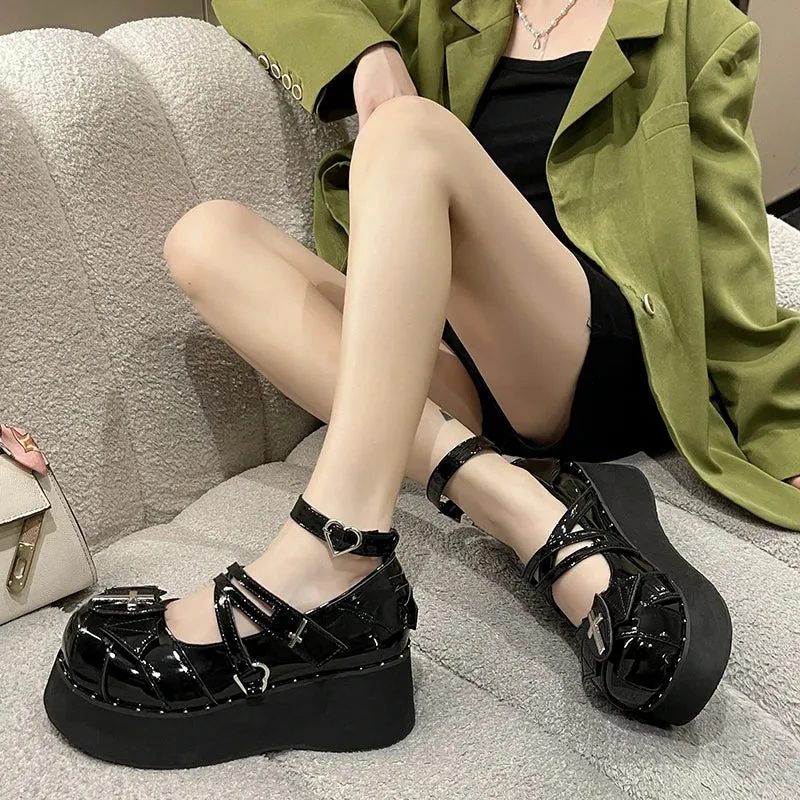 Sohiwoo Women's Gothic Mary Jane Shoes Metal Decoration Punk Lolita Platform Shoes Woman Cross Tied Wedges Y2K Pumps College Style