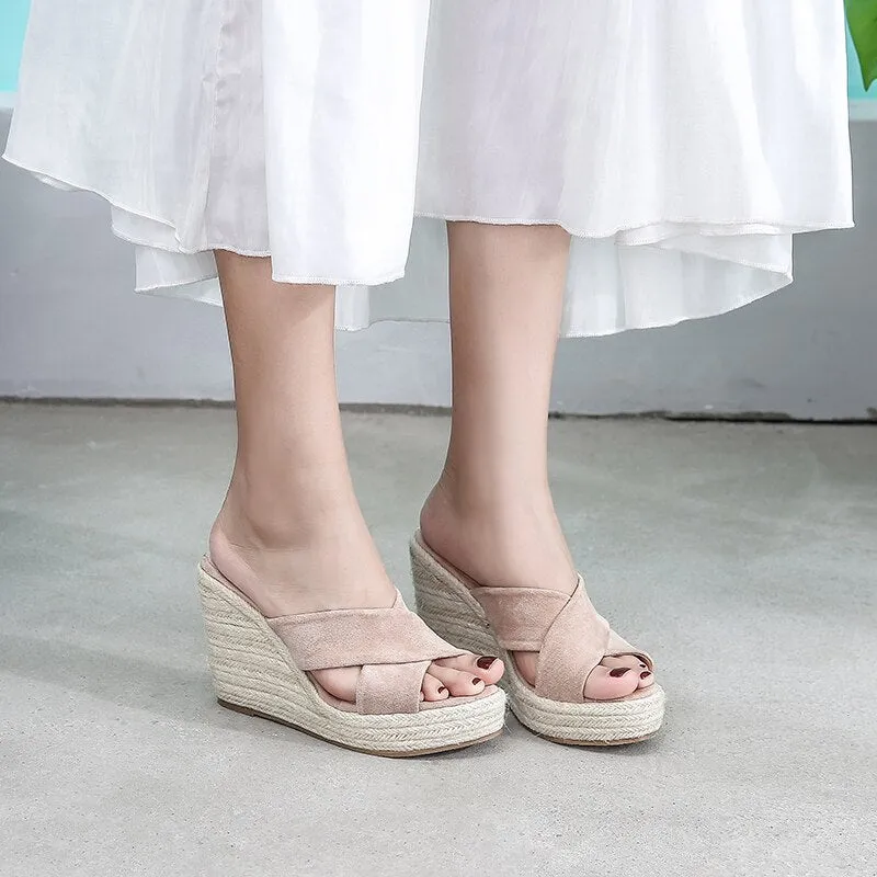 Summer Casual Wedges Slides Outdoor Peep Toe Cane Straw Weave Platform Slippers Sandals Women Fashion High Heels Female Shoes