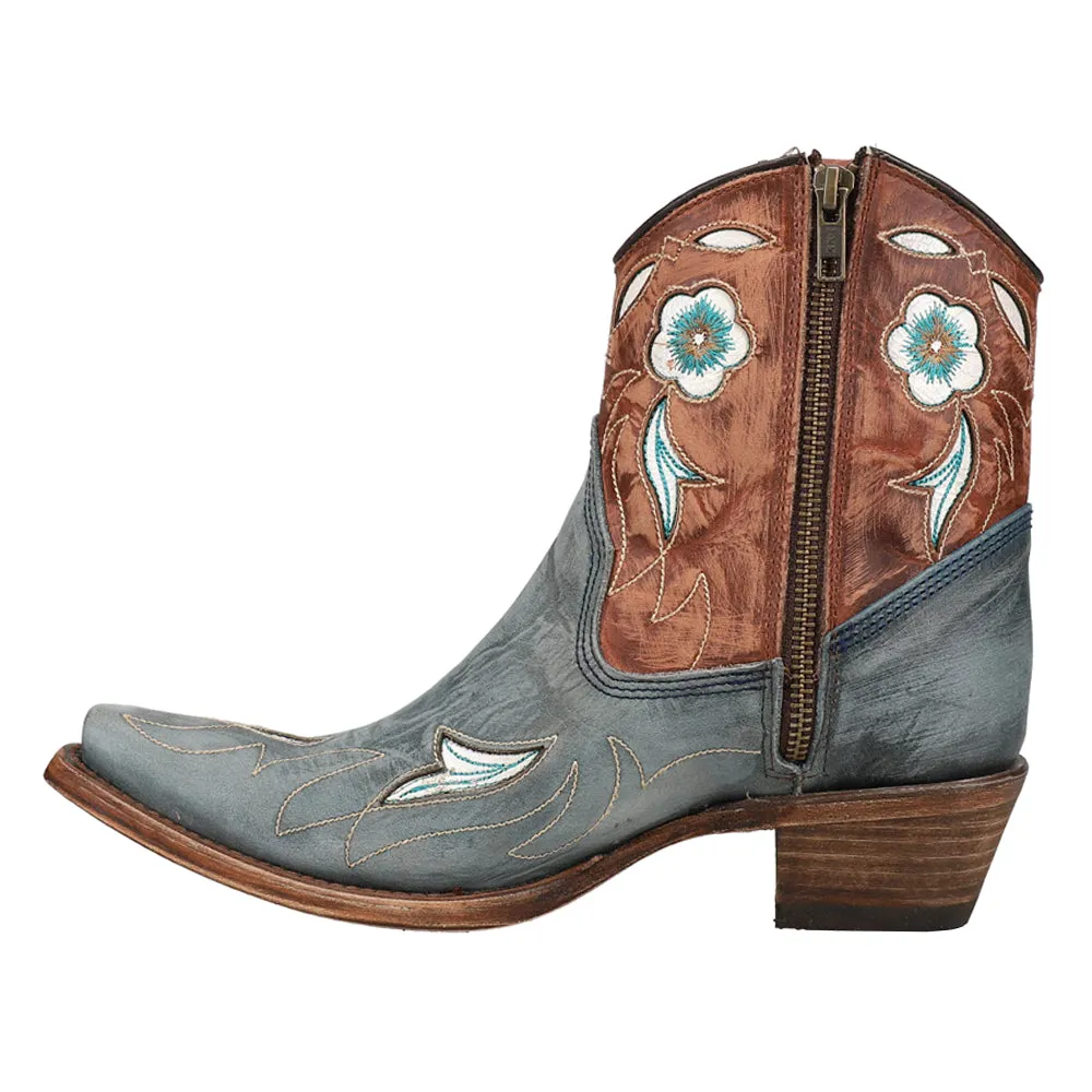 Tooled-Inlay & Floral Embroidery Ankle Snip Toe Cowboy Booties