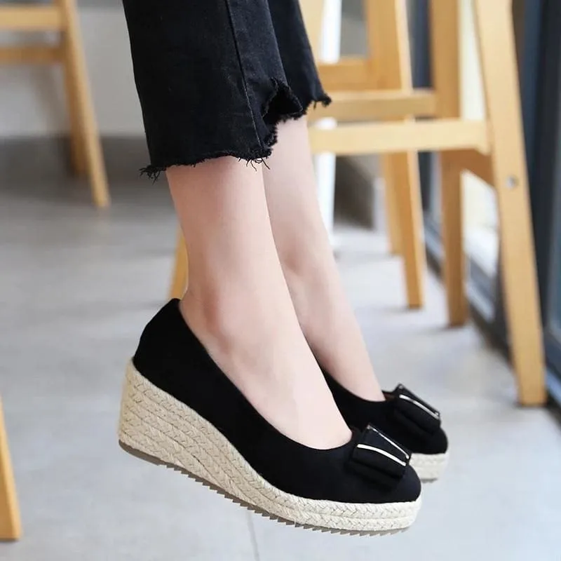 Wedge Heel Straw Lame Waterproof Shallow Mouth Women's Shoes With Butterfly Bow