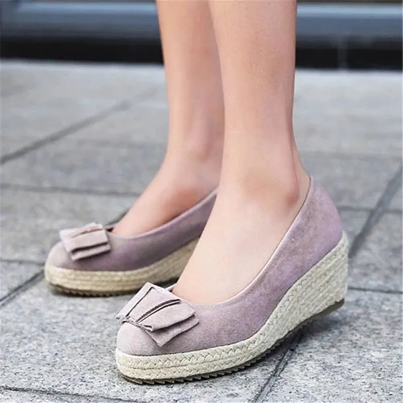 Wedge Heel Straw Lame Waterproof Shallow Mouth Women's Shoes With Butterfly Bow