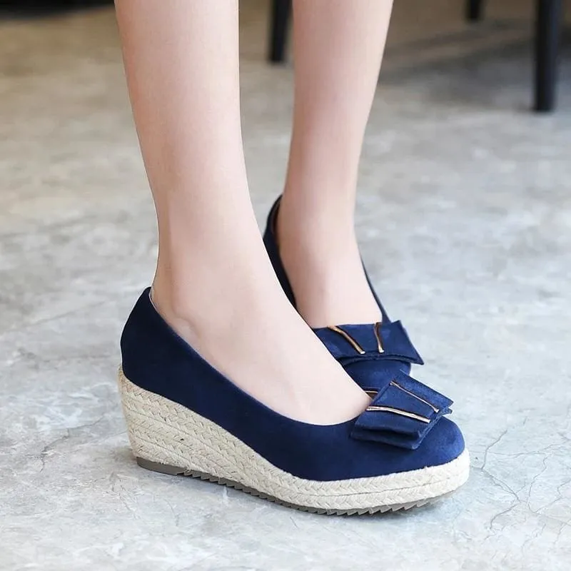 Wedge Heel Straw Lame Waterproof Shallow Mouth Women's Shoes With Butterfly Bow