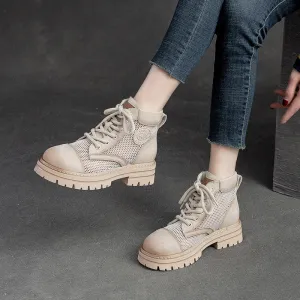 Women Casual Hollow Mesh Leather Lug Sole Boots