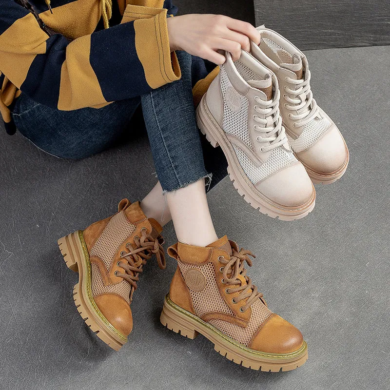 Women Casual Hollow Mesh Leather Lug Sole Boots