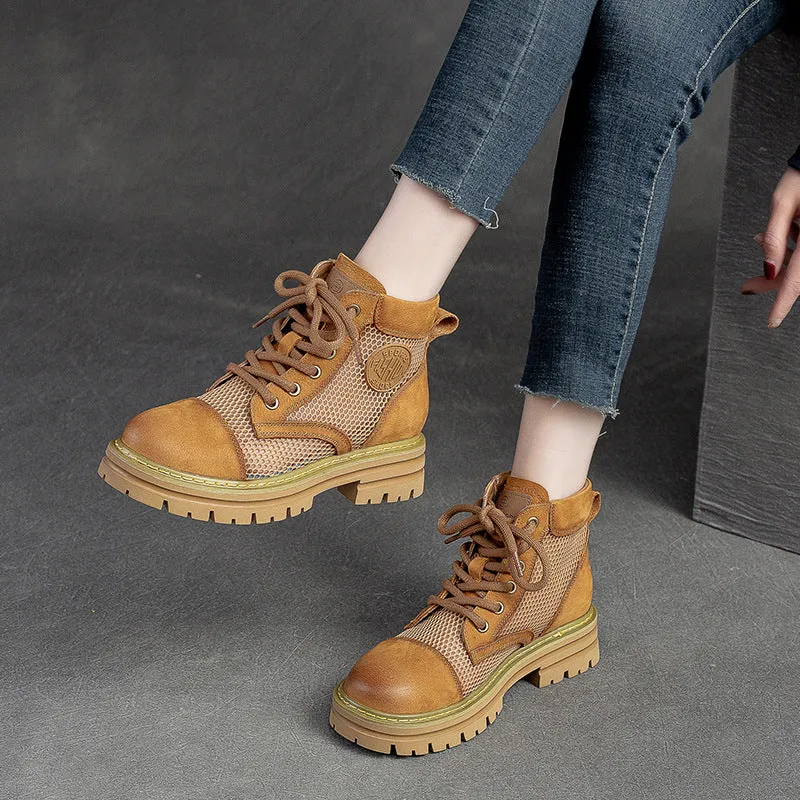 Women Casual Hollow Mesh Leather Lug Sole Boots