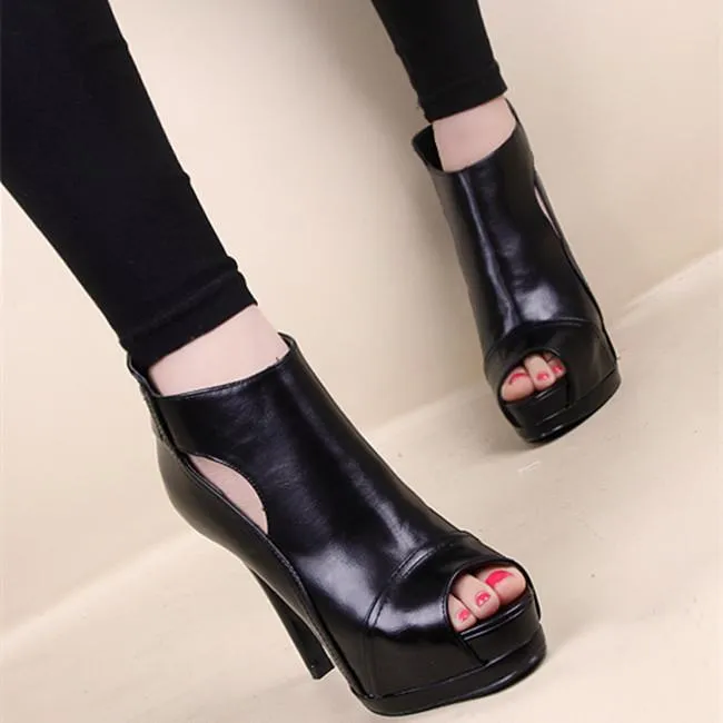 Women peep toe platform hollow stiletto black heels