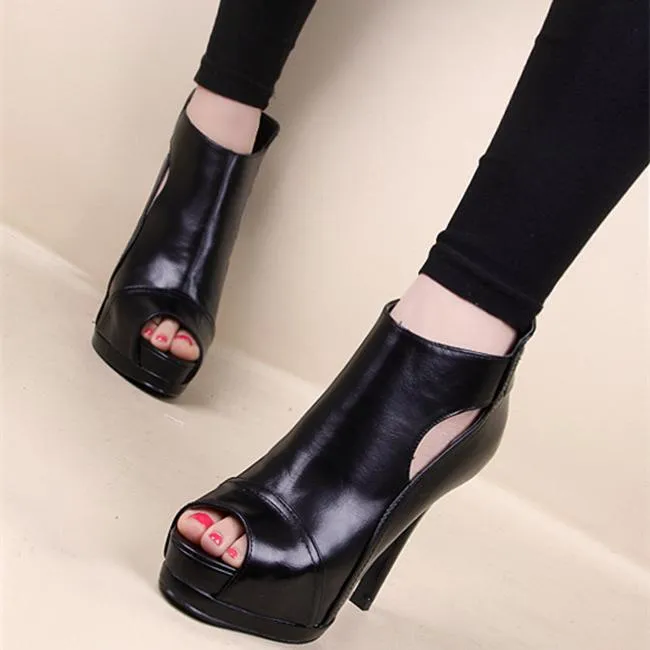 Women peep toe platform hollow stiletto black heels