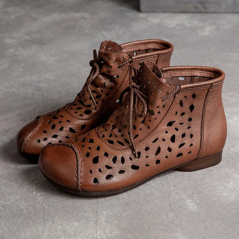 Women Retro Casual Hollow Leather Flat Ankle Boots