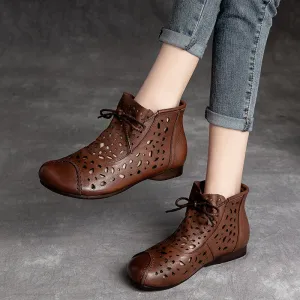 Women Retro Casual Hollow Leather Flat Ankle Boots