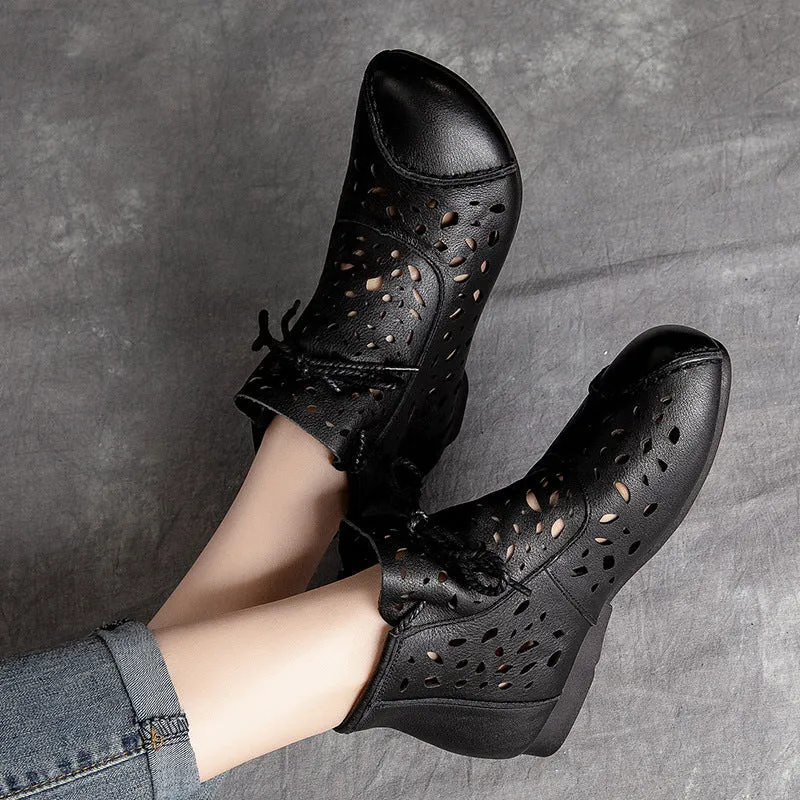 Women Retro Casual Hollow Leather Flat Ankle Boots