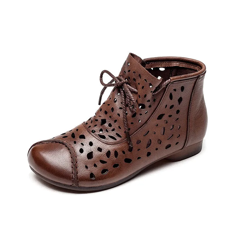 Women Retro Casual Hollow Leather Flat Ankle Boots