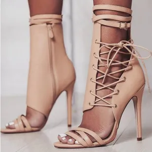 Women summer sexy criss cross strappy lace up high heel boots