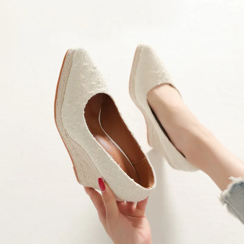 Women wedge heels pointed toe espadrille platform pumps