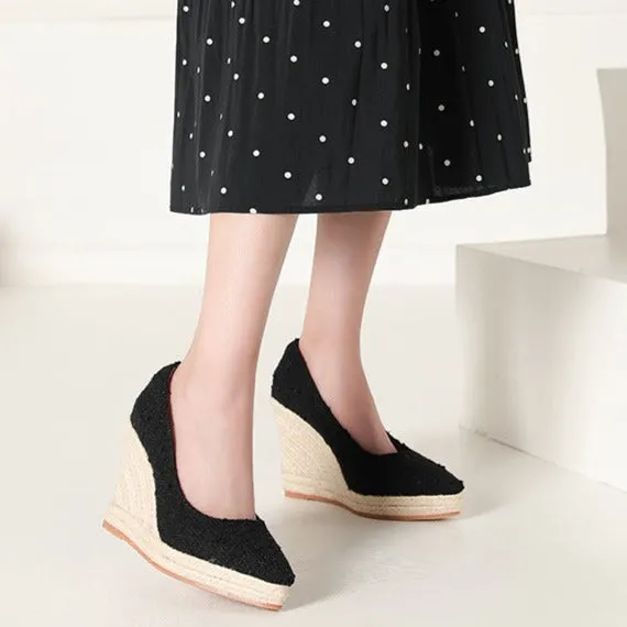 Women wedge heels pointed toe espadrille platform pumps